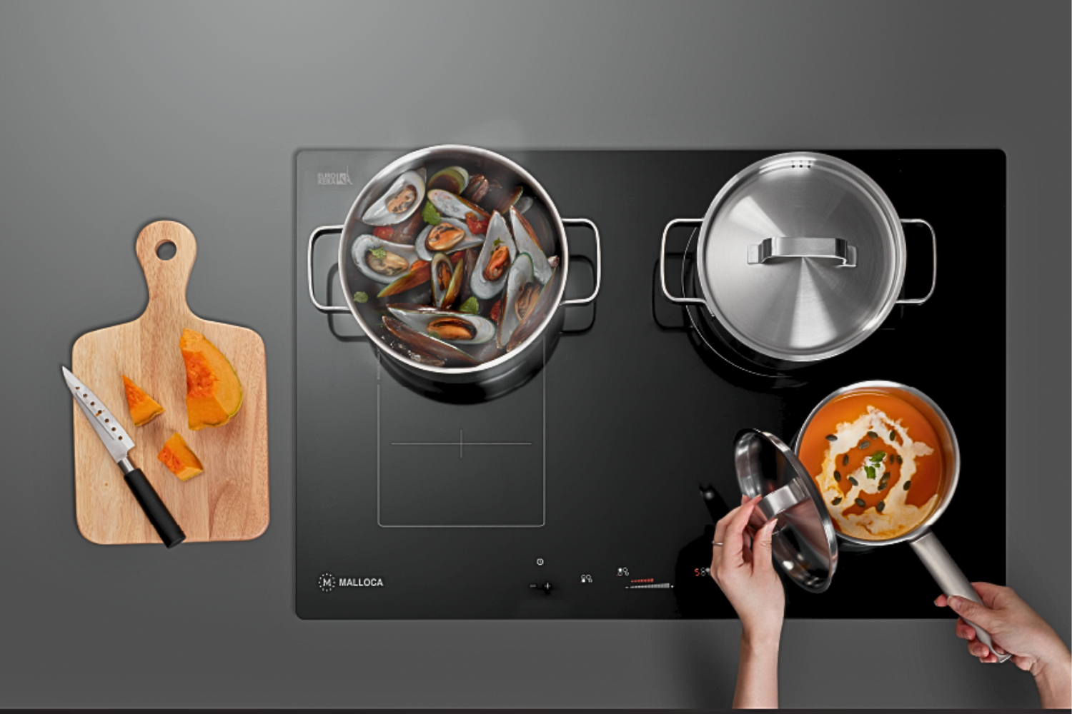 Vùng nấu linh hoạt là một trong những công nghệ tiên tiến trên bếp từ Malloca.