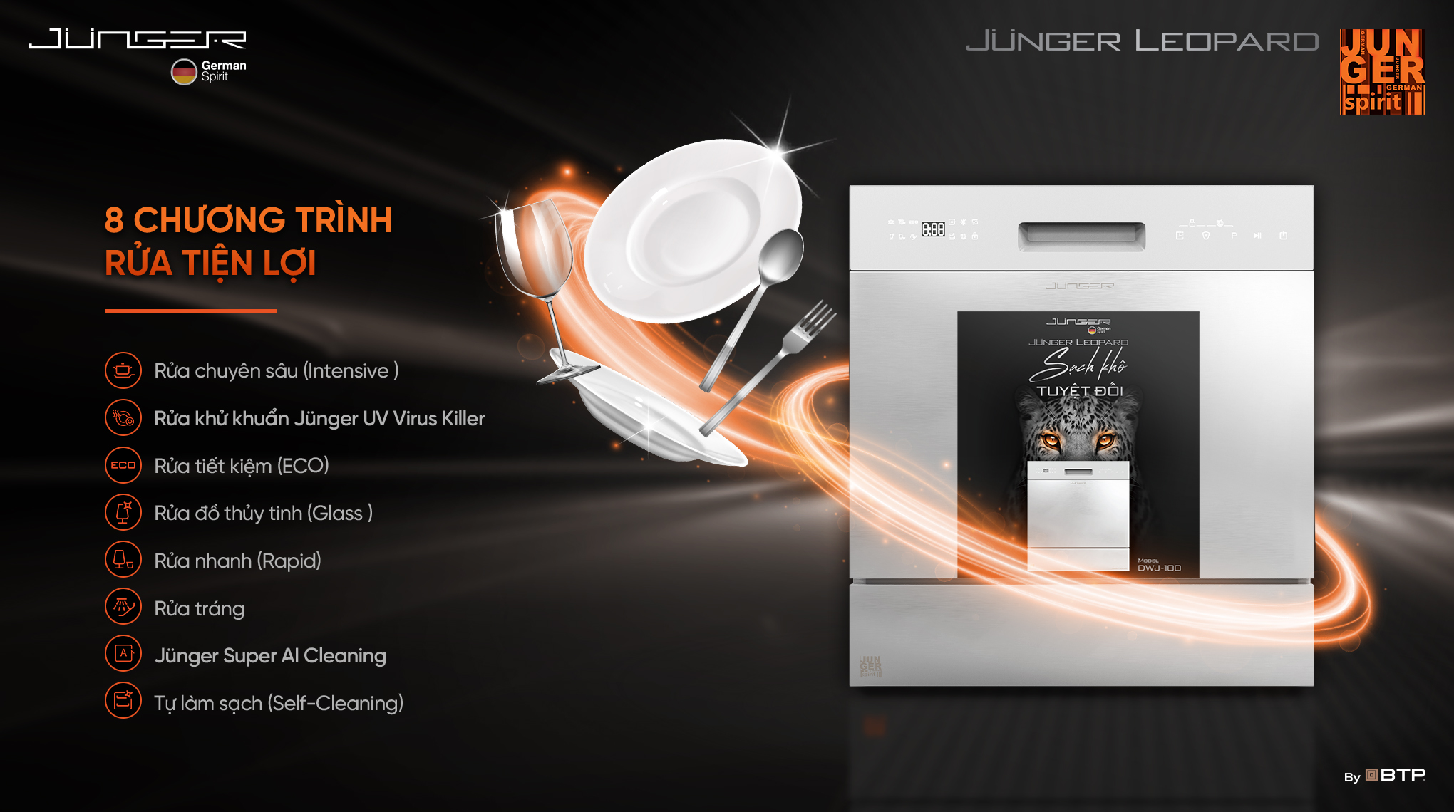 Máy rửa bát Junger Leopard DWJ-100 trang bị 8 chương trình rửa phù hợp với mọi nhu cầu