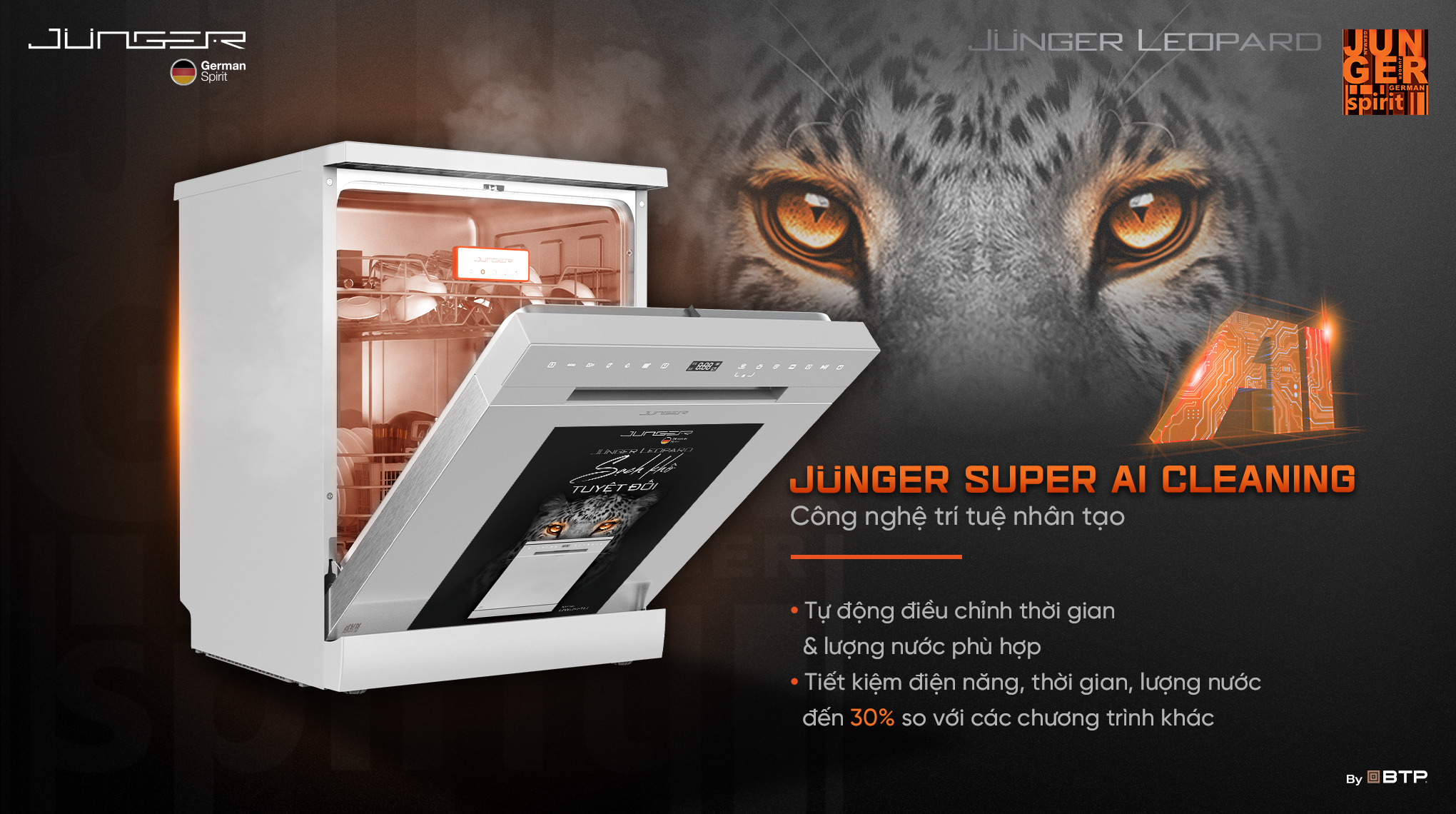 Máy rửa chén Junger DWJ-140 công nghệ Junger Super AI Cleaning tự động điều chỉnh thời gian và lượng nước