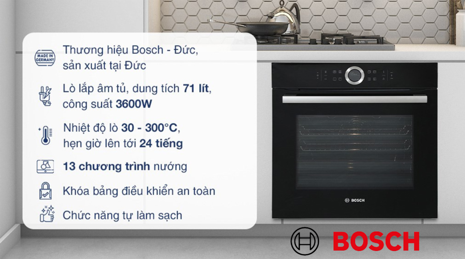 Lò nướng Bosch gây ấn tượng với công suất mạnh mẽ, nhiều chế độ nướng
