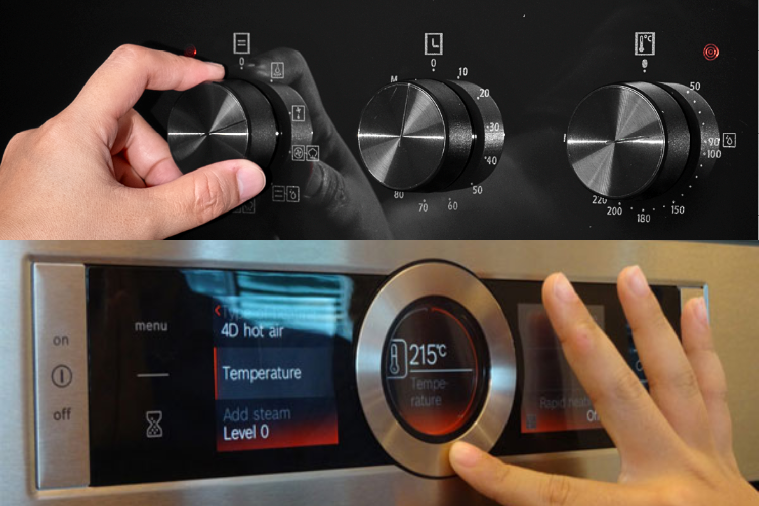 Bảng điều khiển trên lò nướng có thể là núm xoay cơ hoặc cảm ứng điện tử