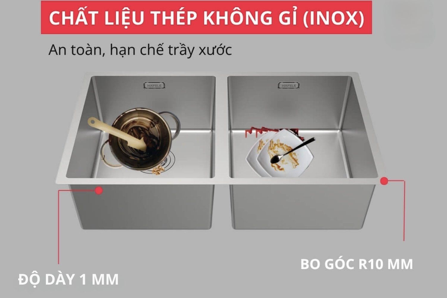 Chậu rửa bát Hafele HS24-SSN2S-870 567.24.437 độ sâu tối ưu và thành chậu dày chắc chắn