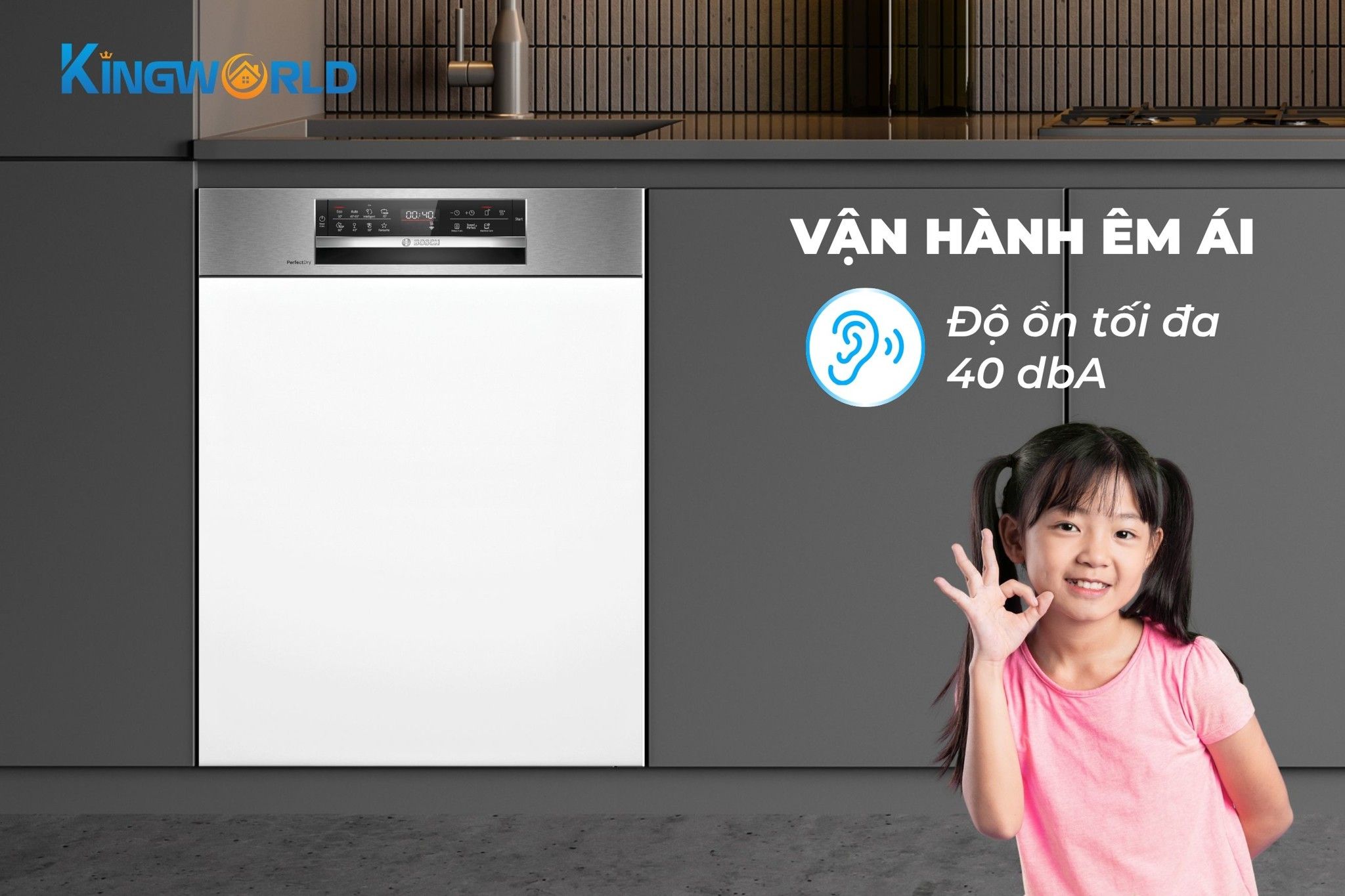 Máy rửa chén Bosch SMI6ZCS16E Series 6 có độ ồn khoảng 40dB