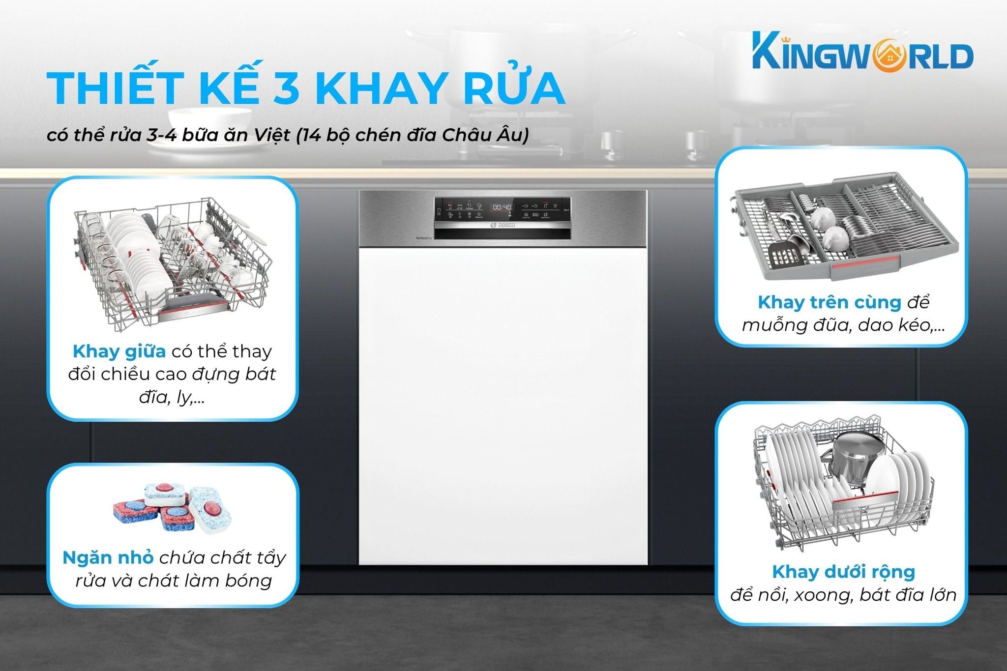 Hệ thống 3 khay rửa rộng rãi, sử dụng tiện lợi