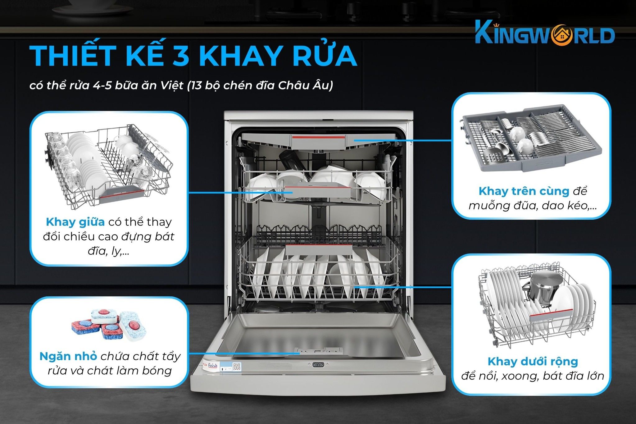 Khoang chứa rộng rãi, rửa được xoong nồi và nhiều dụng cụ nhà bếp