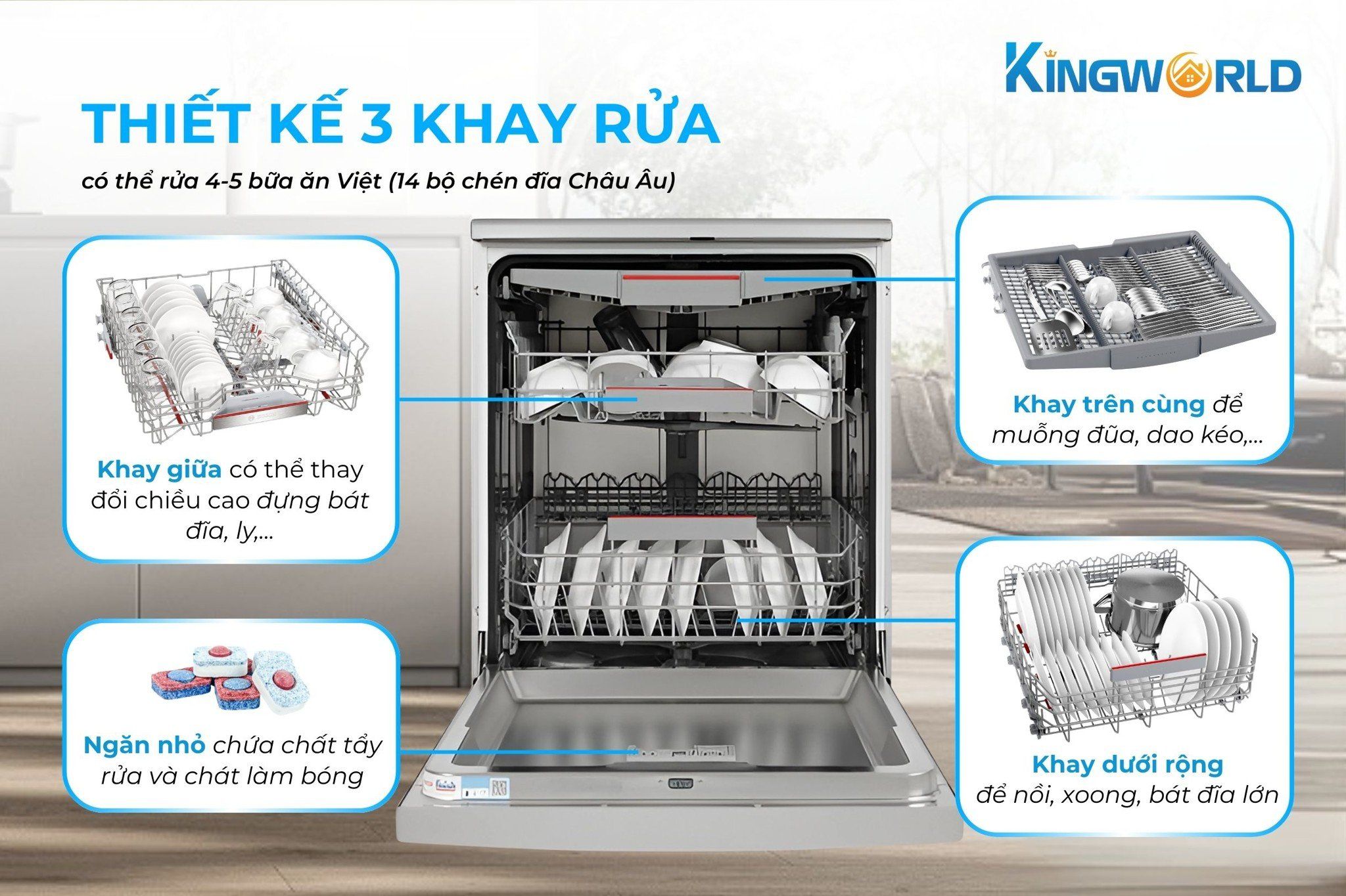 Hệ thống 3 khay rửa rộng rãi, sử dụng tiện lợi