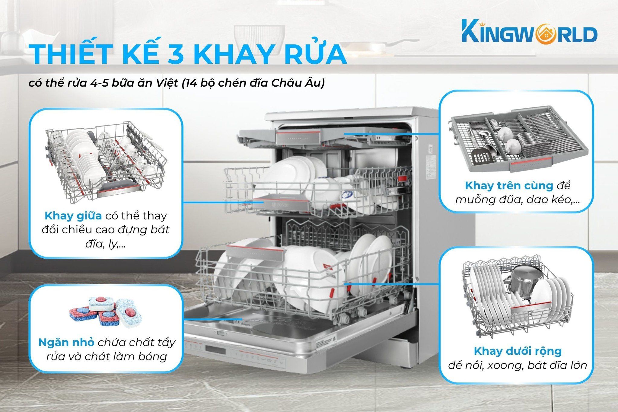 Hệ thống 3 khay rửa rộng rãi có thể thay đổi chiều cao