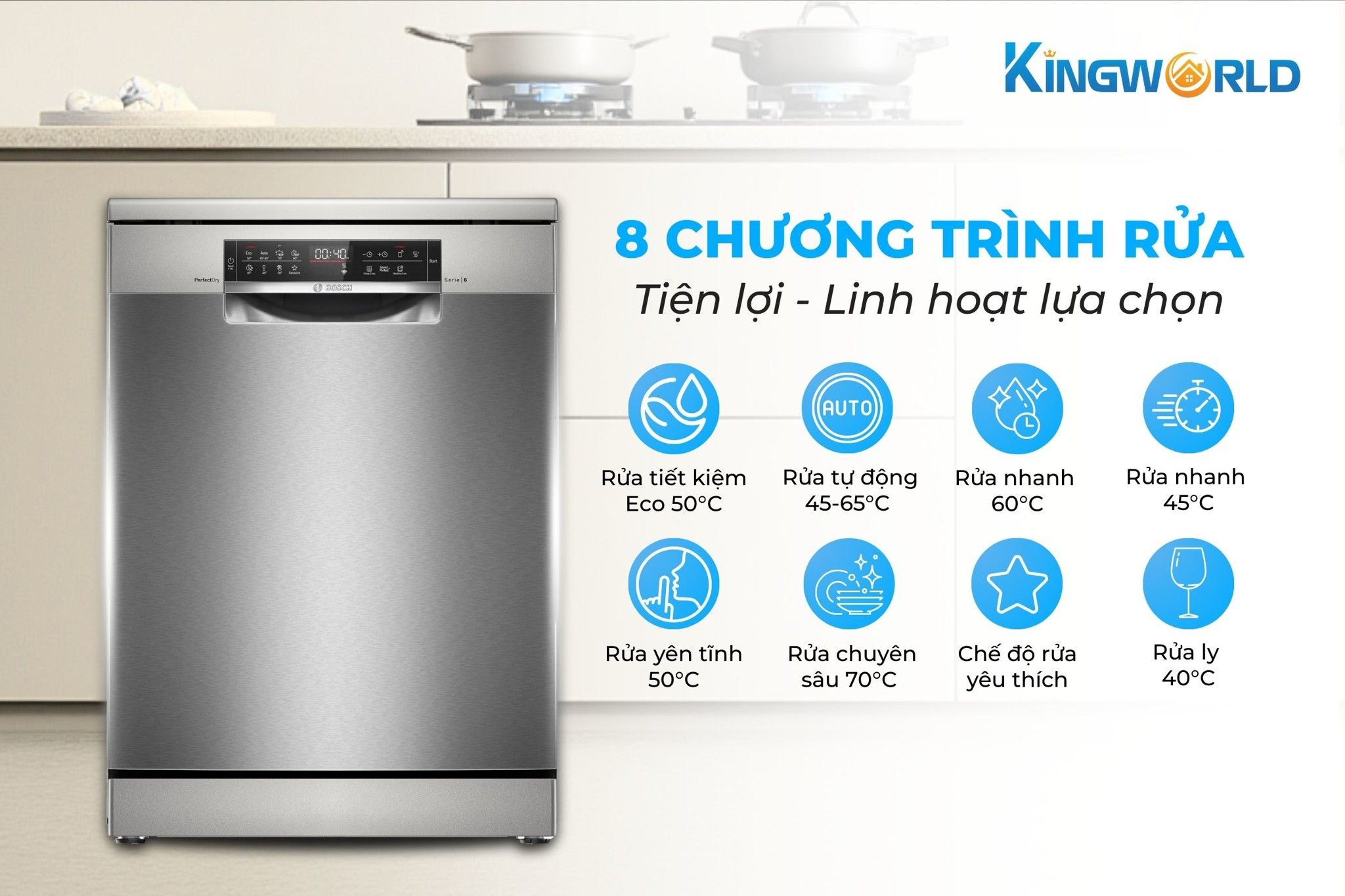 Tích hợp 8 chương trình rửa, linh hoạt lựa chọn theo nhu cầu sử dụng