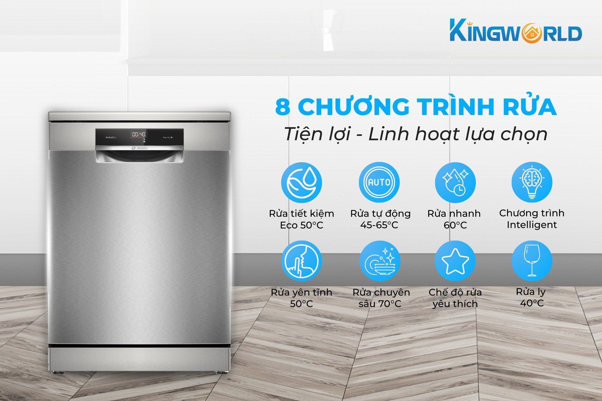 Trang bị 8 chương trình rửa với nhiều mức nhiệt độ lựa chọn tuỳ nhu cầu