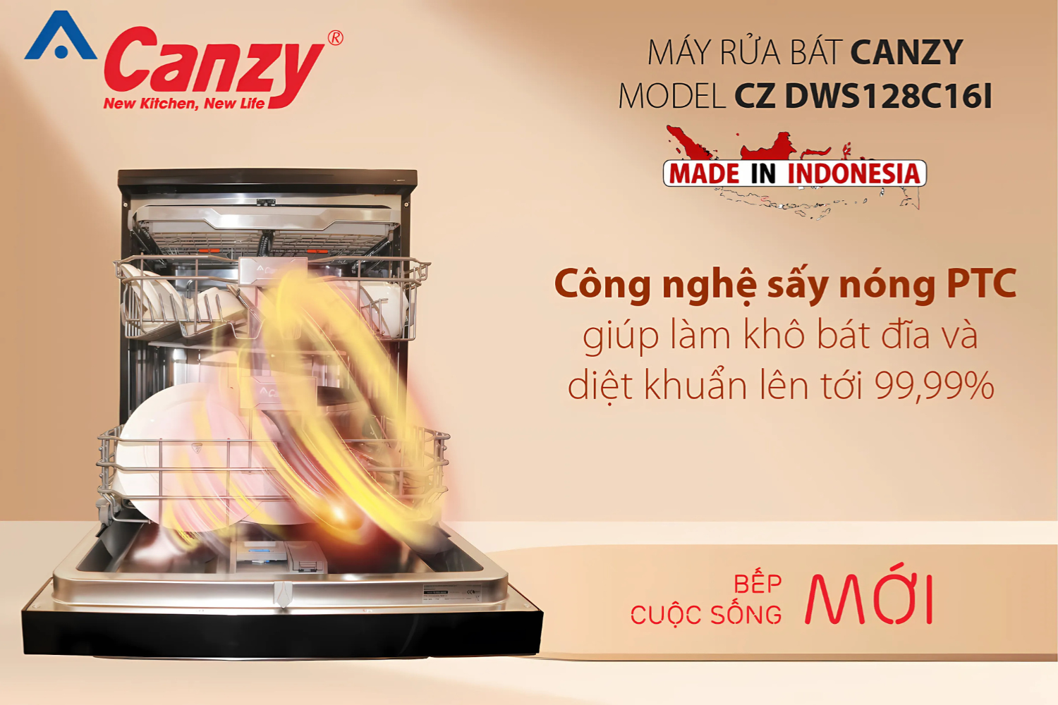 Máy rửa bát Canzy tích hợp công nghệ sấy nóng PTC