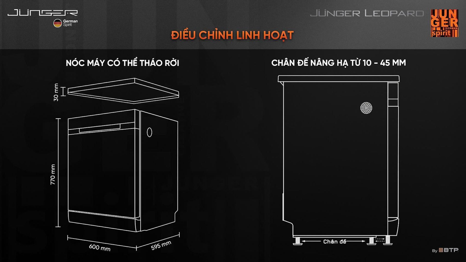 Máy rửa bát Junger Leopard&nbsp;DWJ-163-MS có thể lắp âm hoặc độc lập, chân đế có thể nâng hạ tuỳ chỉnh