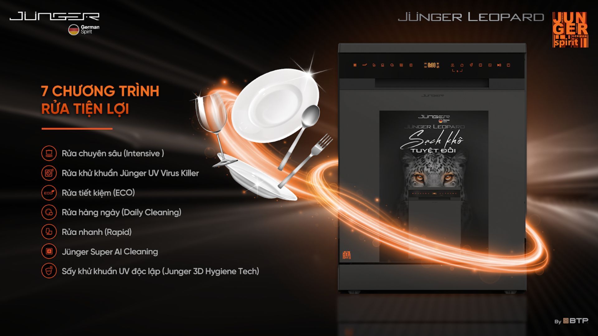 Máy rửa bát Junger Leopard DWJ-183-VG được trang bị 7 chương trình rửa đa năng