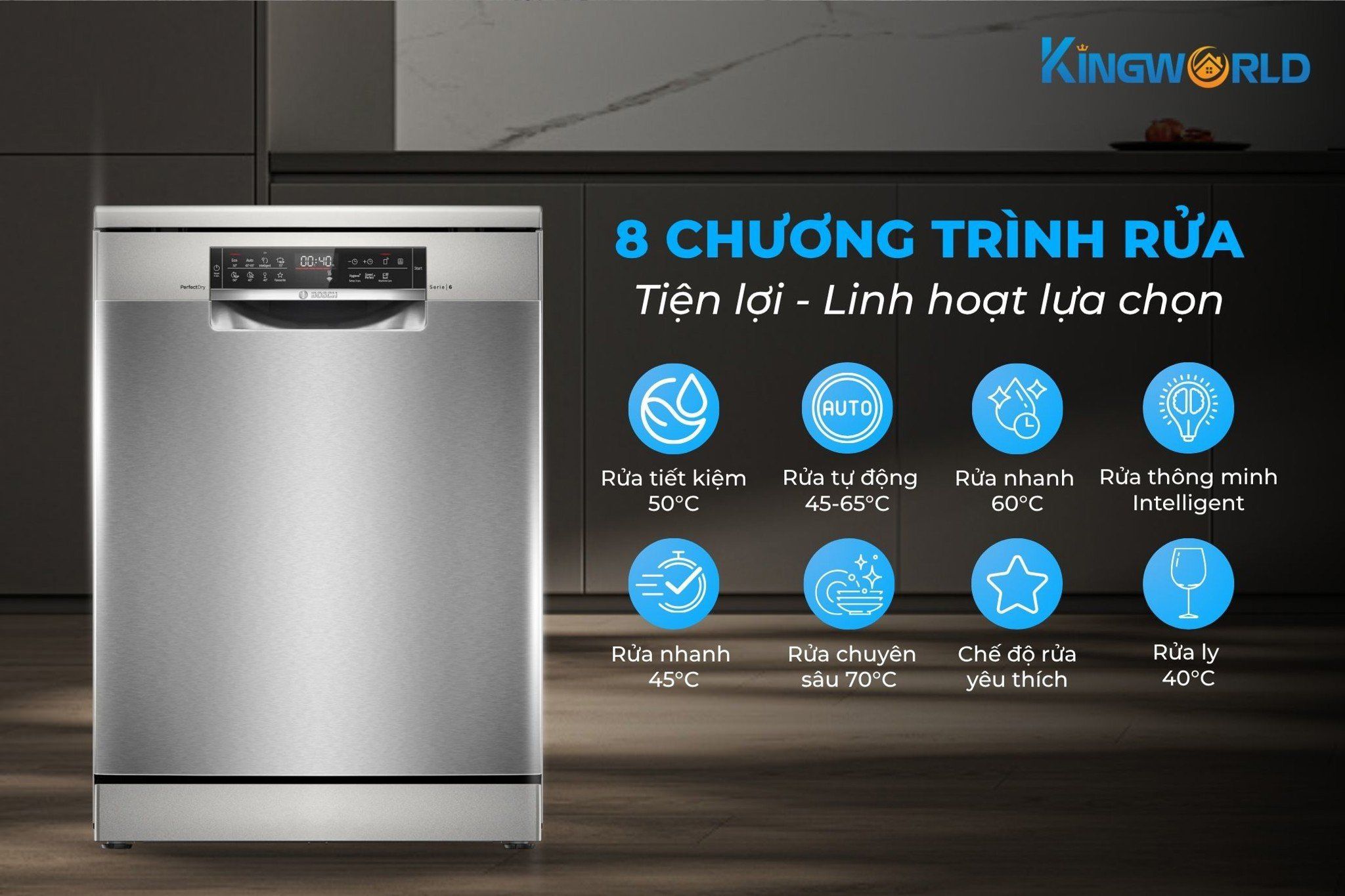 Bosch SMS6ZCI00P trang bị 8 chương trình rửa linh hoạt sử dụng