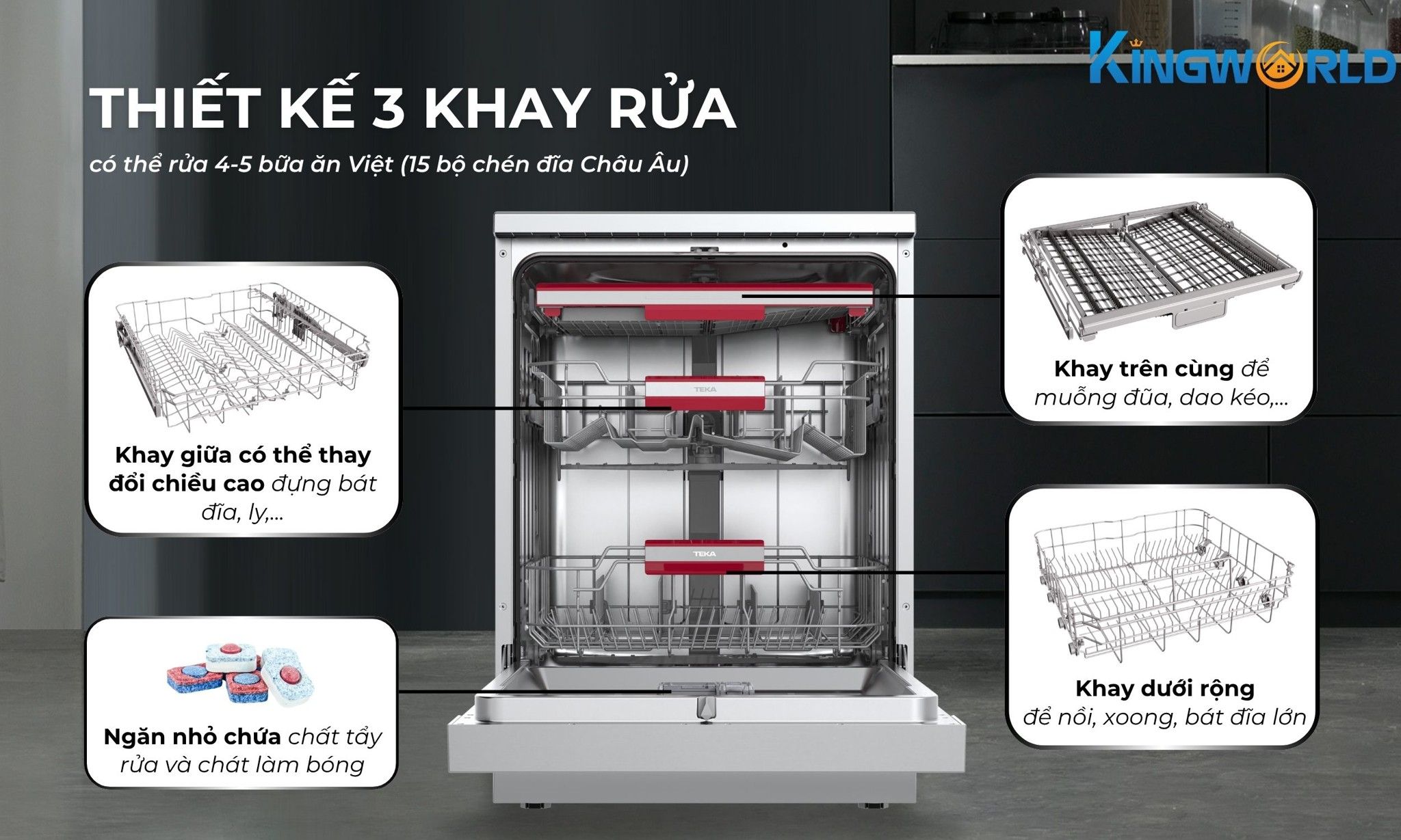 Hệ thống 3 khay rửa rộng rãi, sử dụng tiện lợi