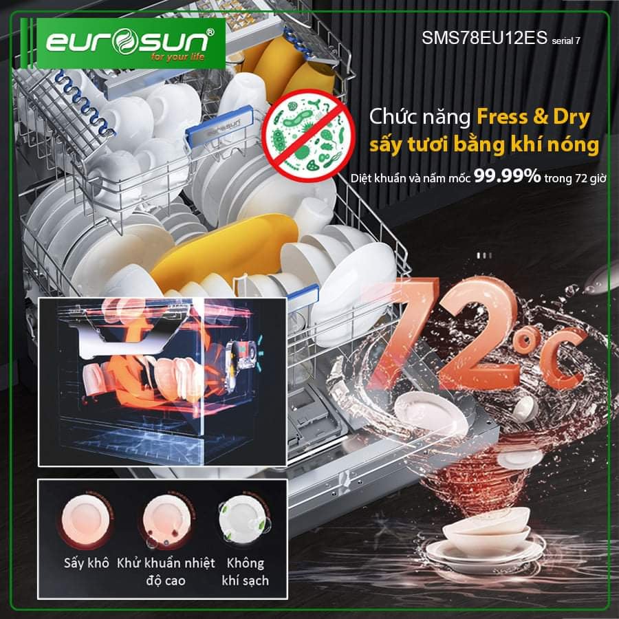 Máy rửa bát Eurosun tích hợp công nghệ sấy tươi khí nóng Fresh&Dry