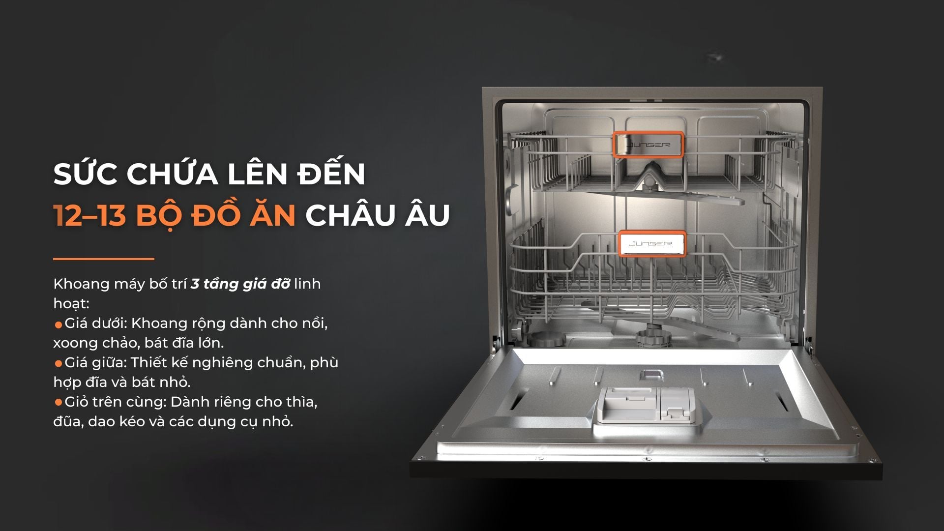 Khoang chứa 3 tầng có sức chứa lên đến 12 - 13 bộ đồ ăn Châu Âu