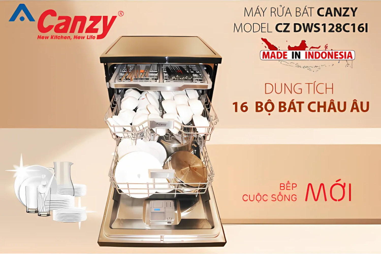 Máy rửa chén Canzy với sức chứa lớn, phù hợp với gia đình Việt