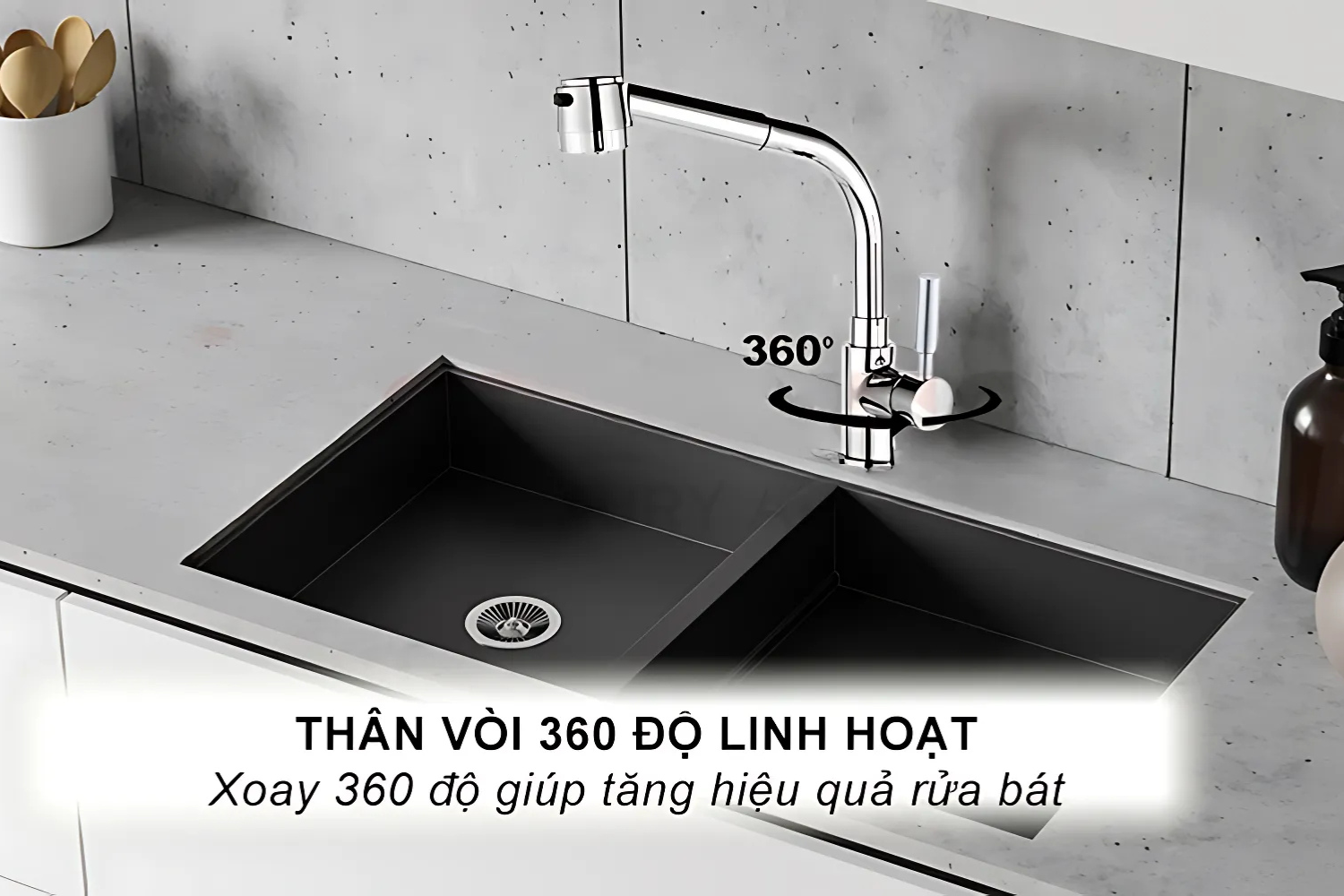 Vòi rửa chén đồng thau mạ Chrome với khả năng xoay 360 độ mang lại nhiều tiện ích