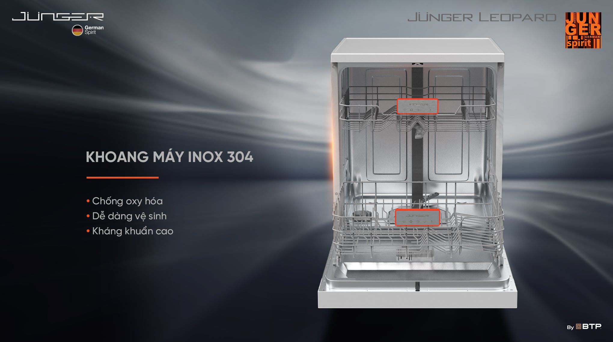 Khoang máy được làm từ Inox 304 chống oxy hóa trong môi trường hơi nước, dễ dàng vệ sinh, bền bỉ và khả năng kháng khuẩn.