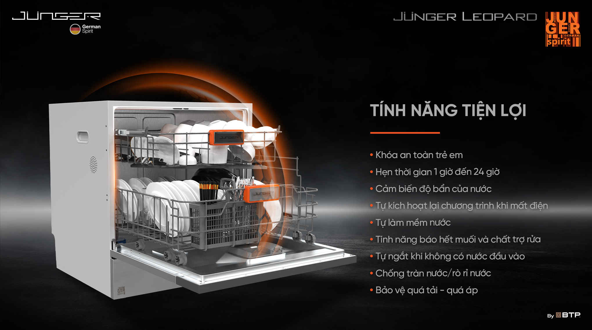 Máy rửa chén Junger Leopard DWJ-100 trang bị tính năng an toàn tiện lợi và dễ sử dụng