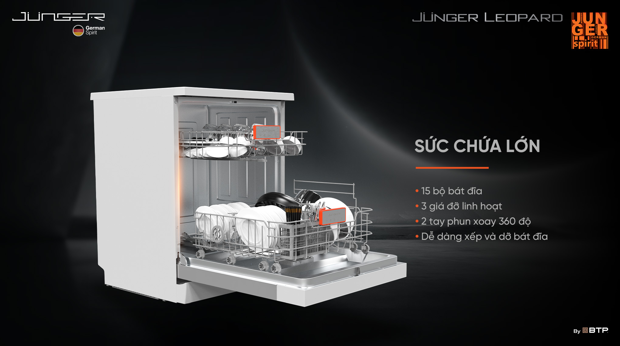 Máy rửa chén Junger DWJ-140 có dung tích lên tới 15 bộ Châu Âu phù hợp cho gia đình đông thành viên