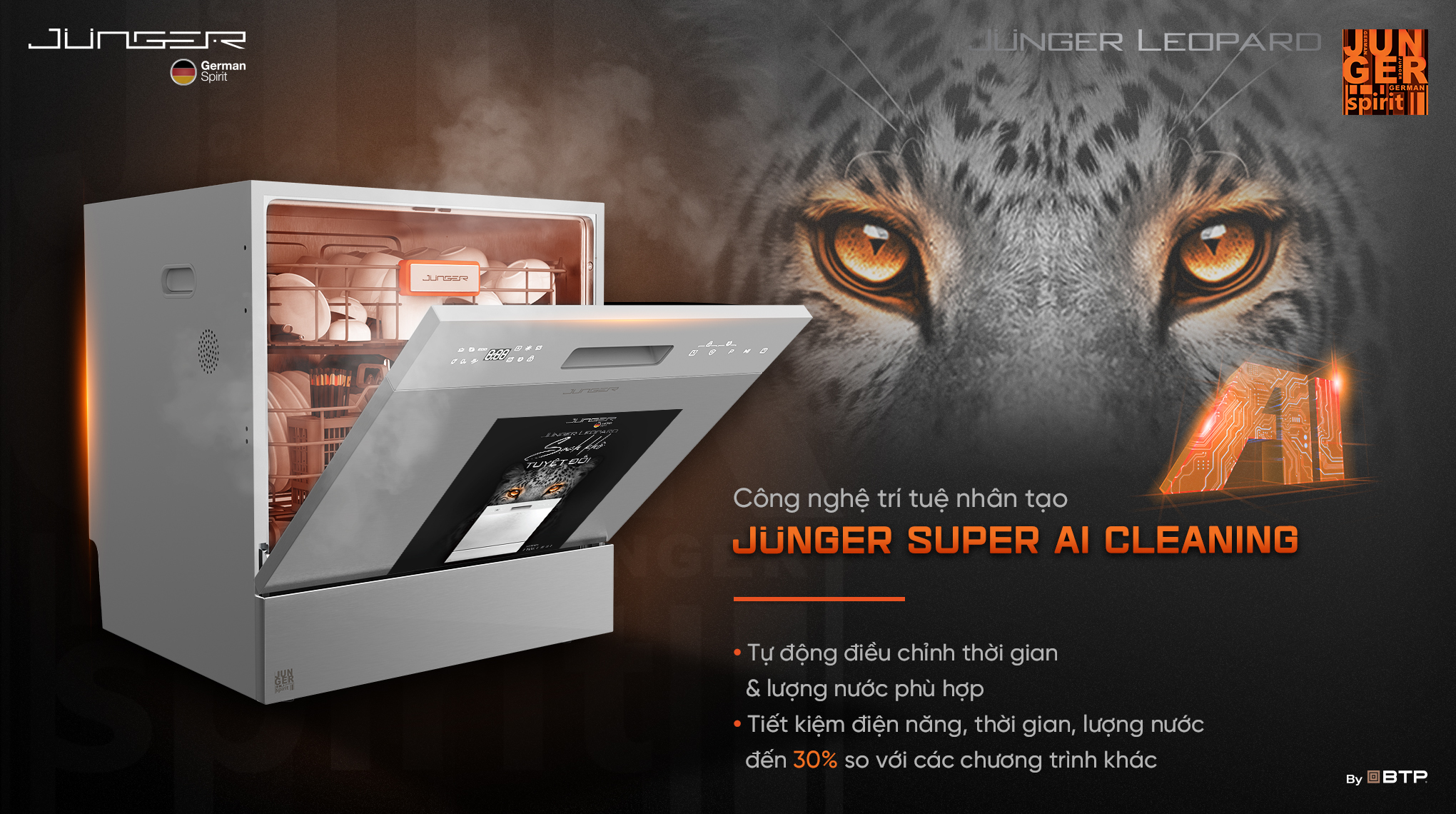 Công nghệ Junger Super AI Cleaning tự động điều chỉnh thời gian và lượng nước rửa phù hợp