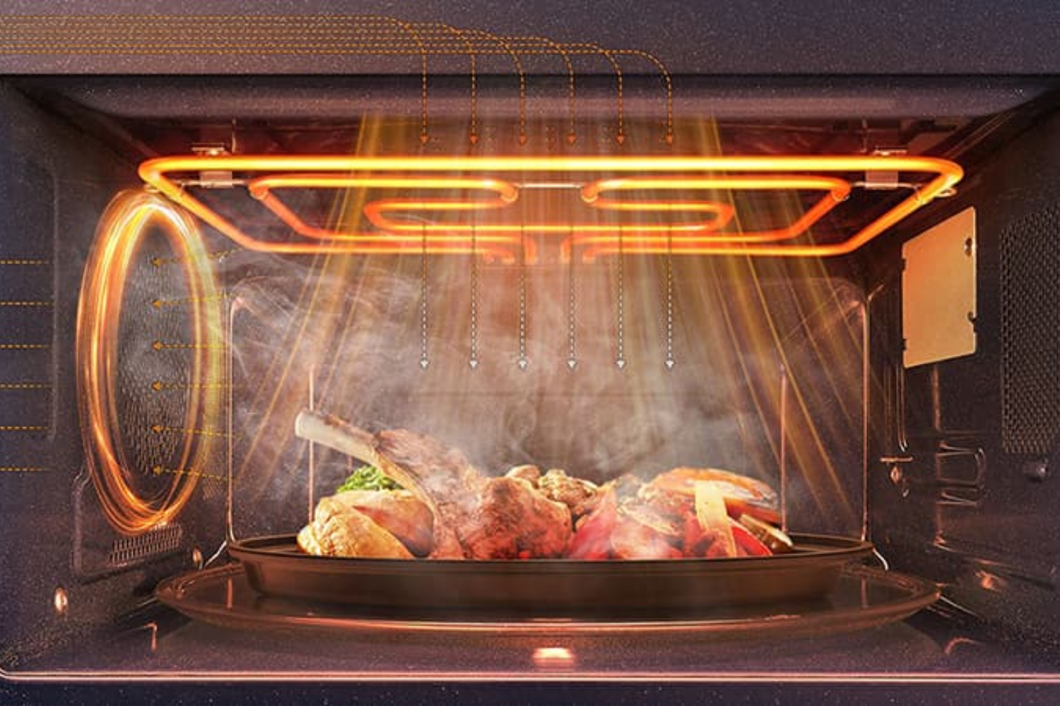 Lò vi sóng có nướng vận hành dựa trên sự kết hợp giữa sóng vi ba và thanh nhiệt nướng