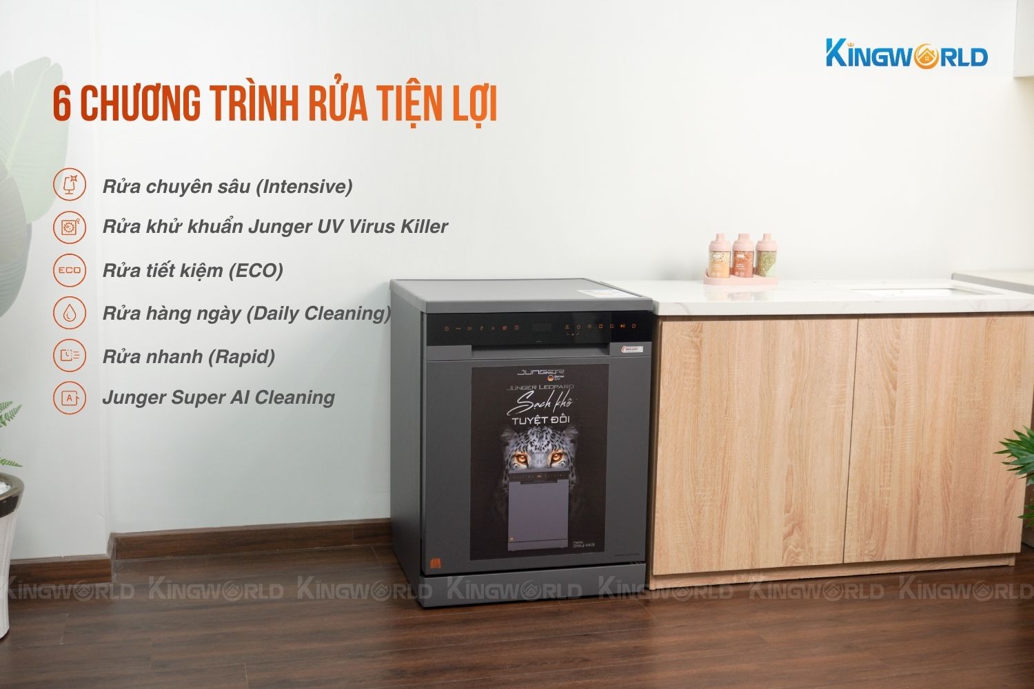 DWJ-143 được trang bị 6 chương trình rửa tiện lợi phù hợp với mọi loại chén đĩa
