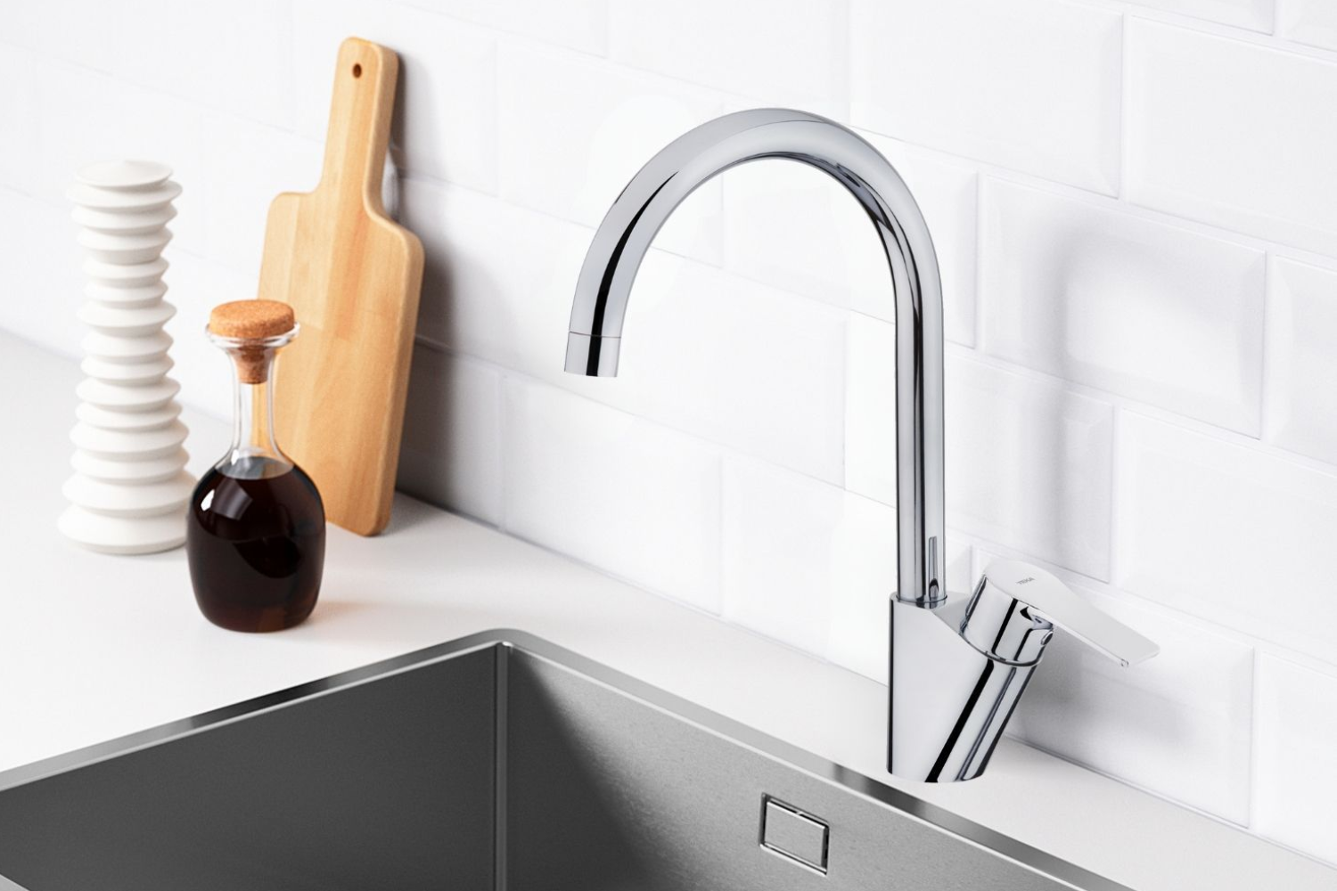 Vòi rửa bát đồng thau mạ Chrome lắp trên chậu hoặc bàn đá