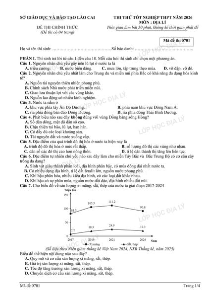 LÀO CAI - Đề thi thử TN THPT môn Địa Lí sở Lào Cai | LỚP HỌC ĐỊA LÝ CÔ MAI ANH