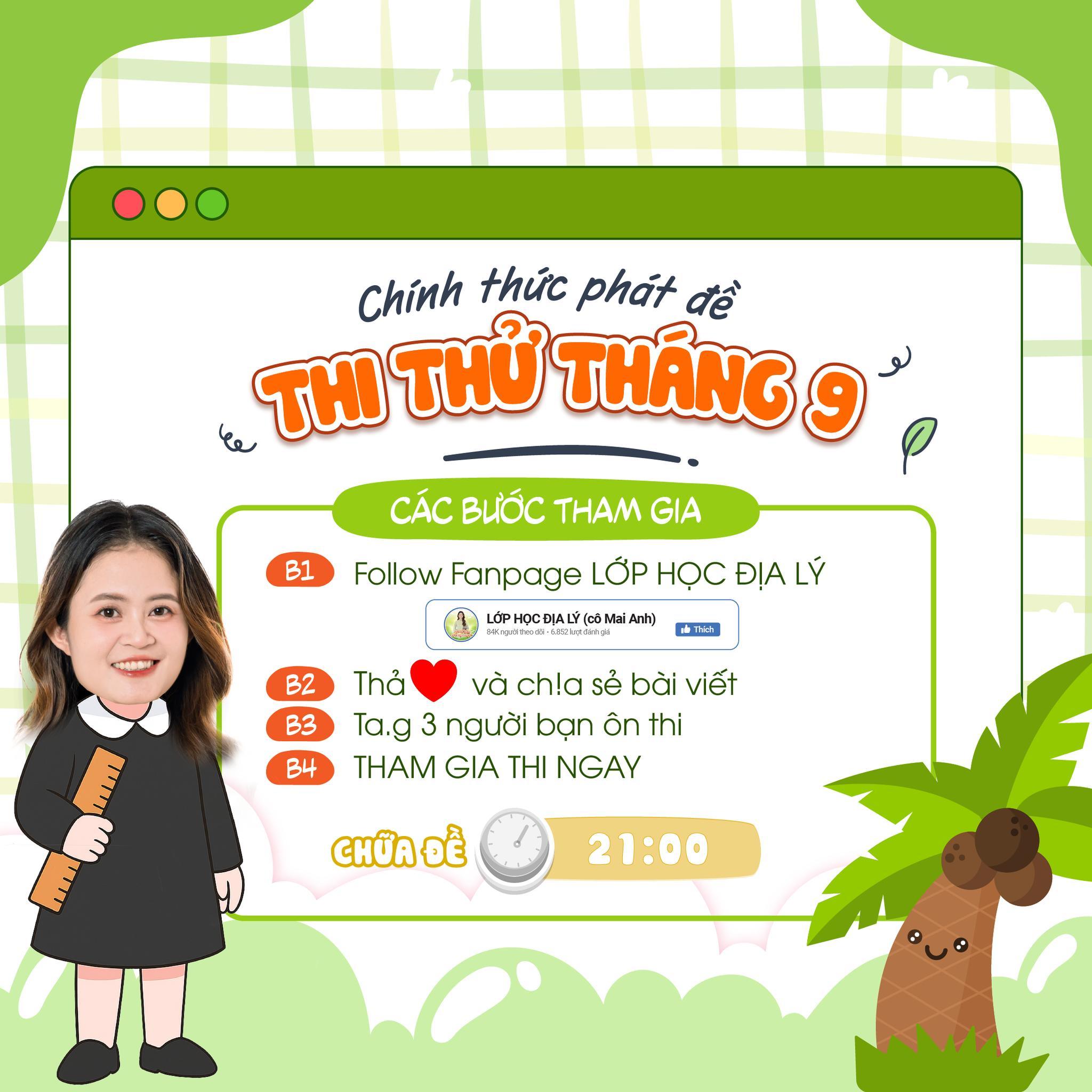 File + Video chữa đề thi thử tháng 9 Ôn thi TN THPT 2026 môn Địa lí - Lớp học Địa lý cô Mai Anh