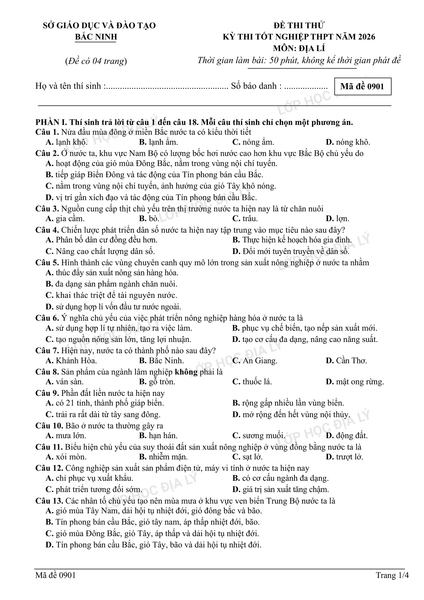 Đề thi thử sở Bắc Ninh (có đáp án) - Lớp học Địa lý cô Mai Anh