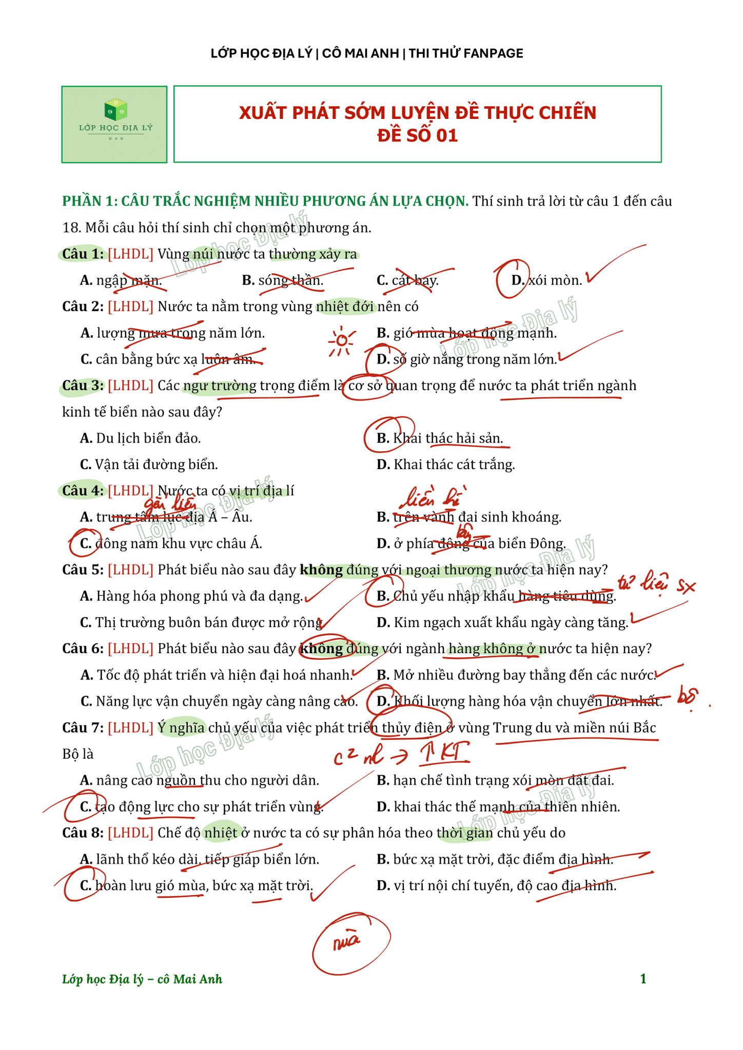 Lớp học Địa lý cô Mai Anh biên soạn | Đề thi thử - Xuất phát sớm Luyện đề (kèm đáp án)