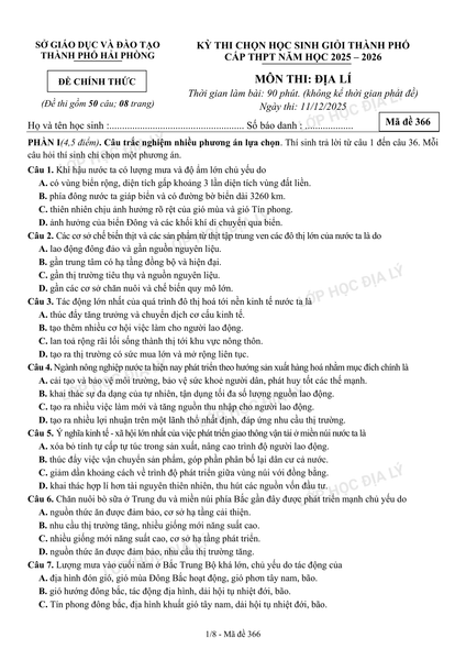 ĐỀ THI CHỌN HSG CẤP THÀNH PHỐ MÔN ĐỊA LÍ - THÀNH PHỐ HẢI PHÒNG