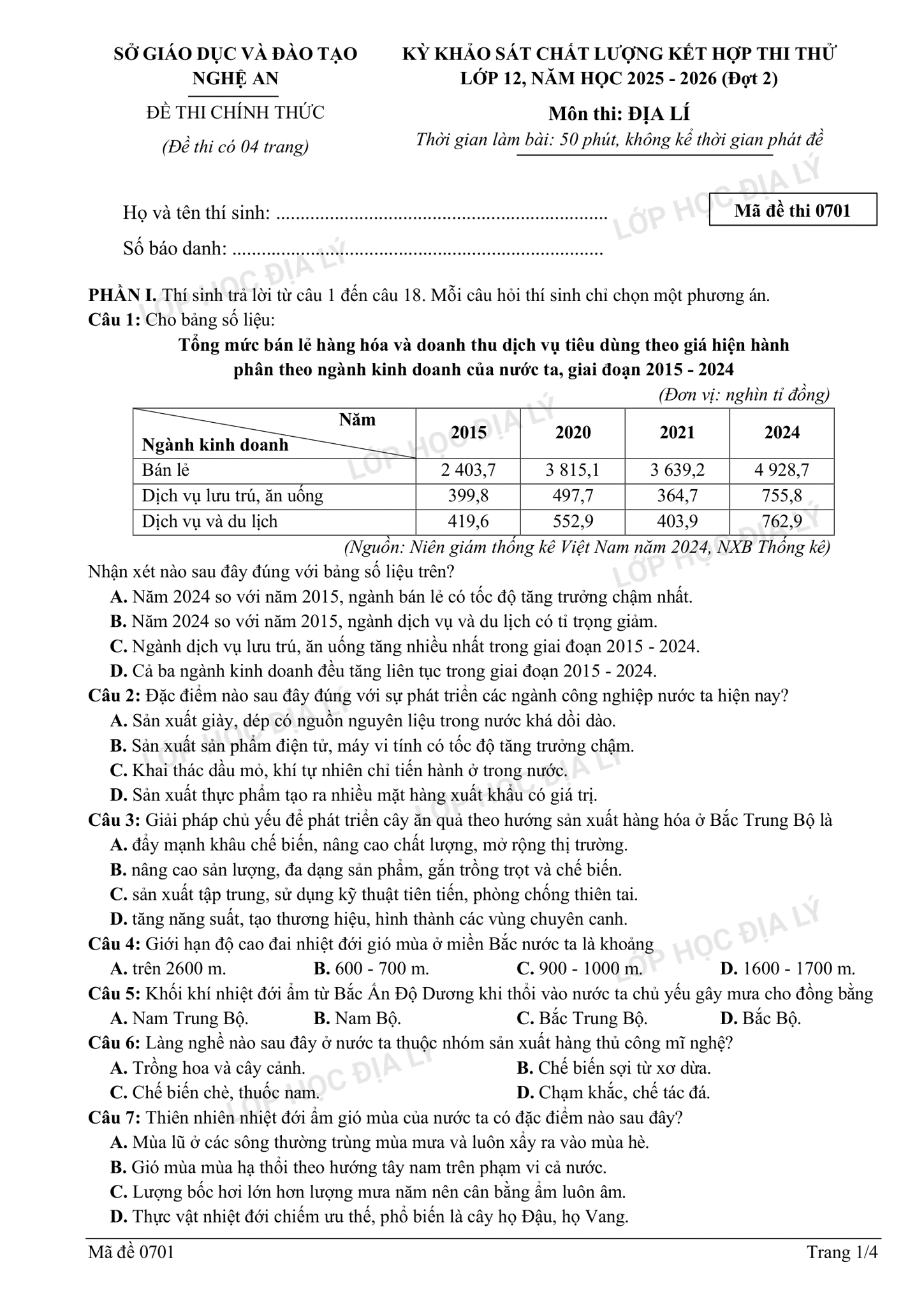 Sở NGHỆ AN - File PDF đề thi thử TN THPT môn Địa lí sở Nghệ An (đợt 2) | Lớp học Địa lý cô Mai Anh