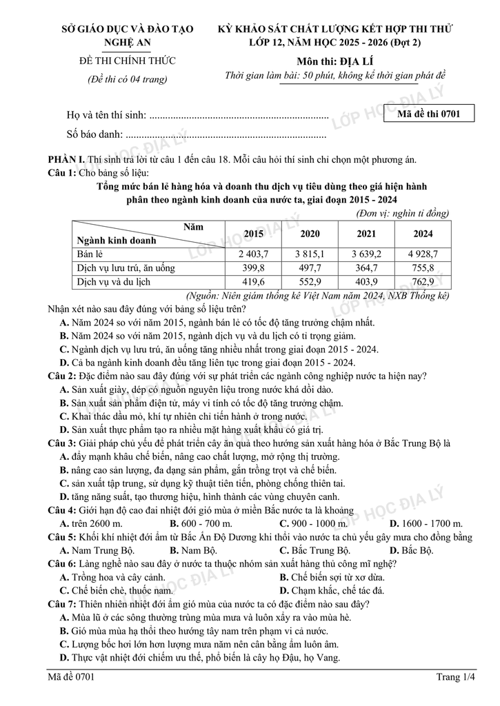Sở NGHỆ AN - File PDF đề thi thử TN THPT môn Địa lí sở Nghệ An (đợt 2) | Lớp học Địa lý cô Mai Anh
