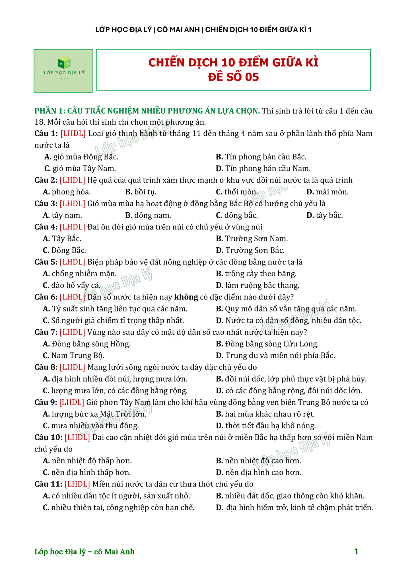 Đề ôn tập giữa kì I lớp 12 - Lớp học Địa lý cô Mai Anh