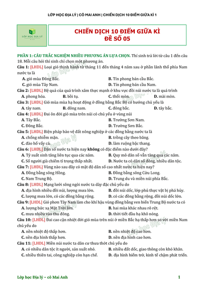 Đề ôn tập giữa kì I lớp 12 - Lớp học Địa lý cô Mai Anh