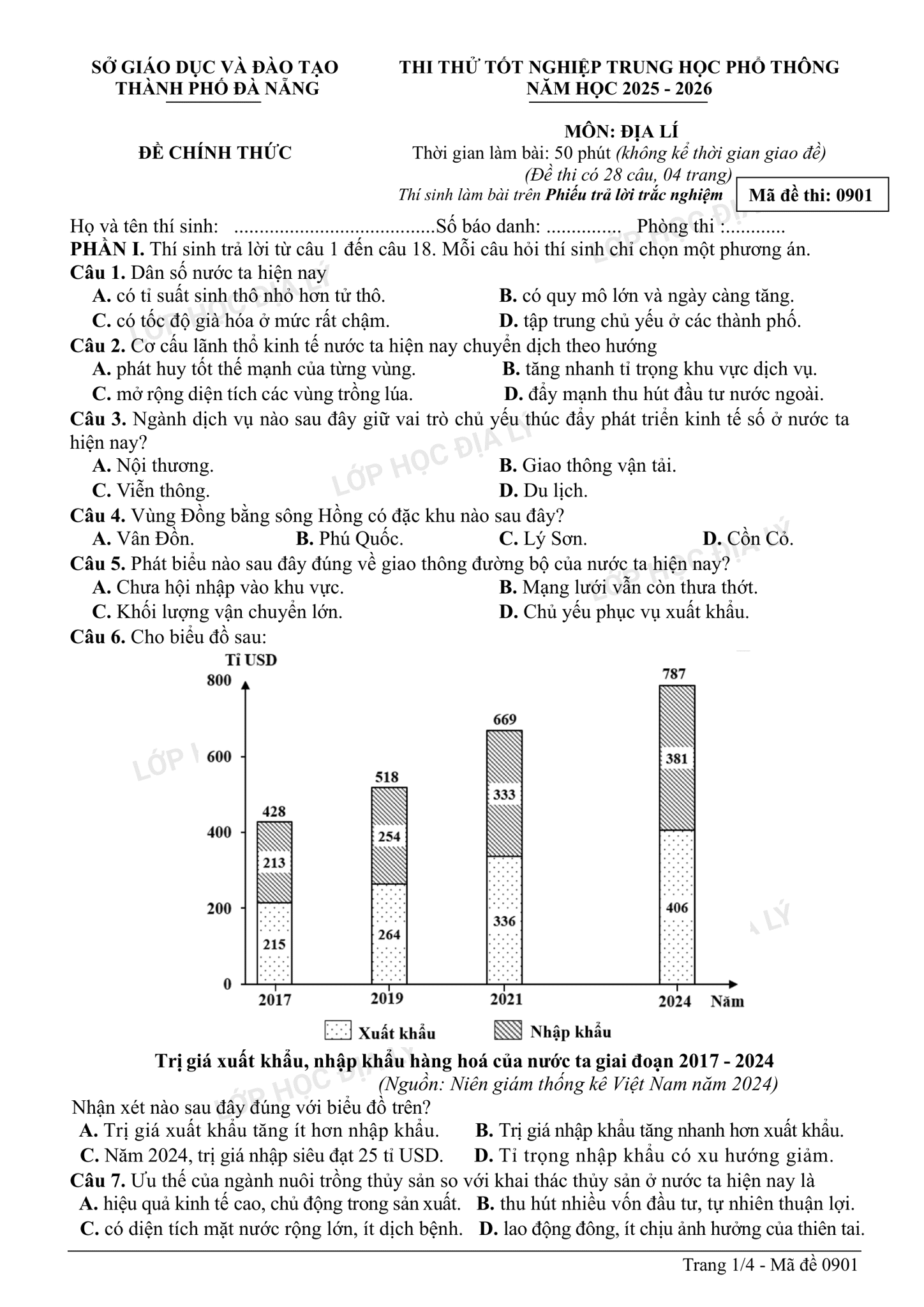 Sở ĐÀ NẴNG - File PDF đề thi thử TN THPT môn Địa lí sở ĐÀ NẴNG | Lớp học Địa lý cô Mai Anh