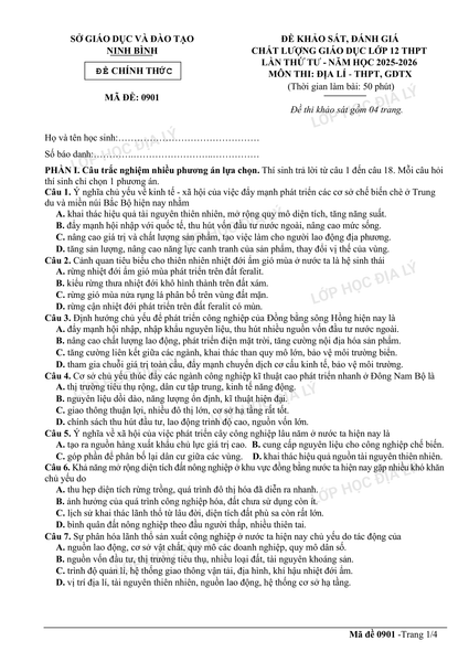 Sở NINH BÌNH (lần 4) - Đề thi thử TN THPT môn Địa lí sở Ninh Bình lần 4 - Lớp học Địa lý cô Mai Anh