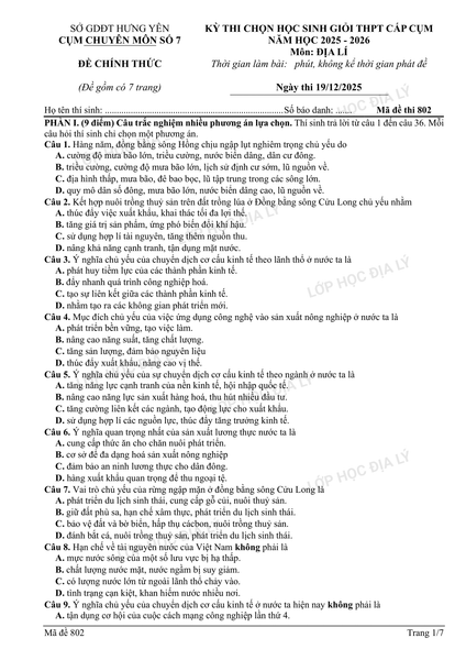 ĐỀ THI CHỌN HSG THPT CẤP CỤM CHUYÊN MÔN SỐ 7 - SỞ HƯNG YÊN - Kèm đáp án