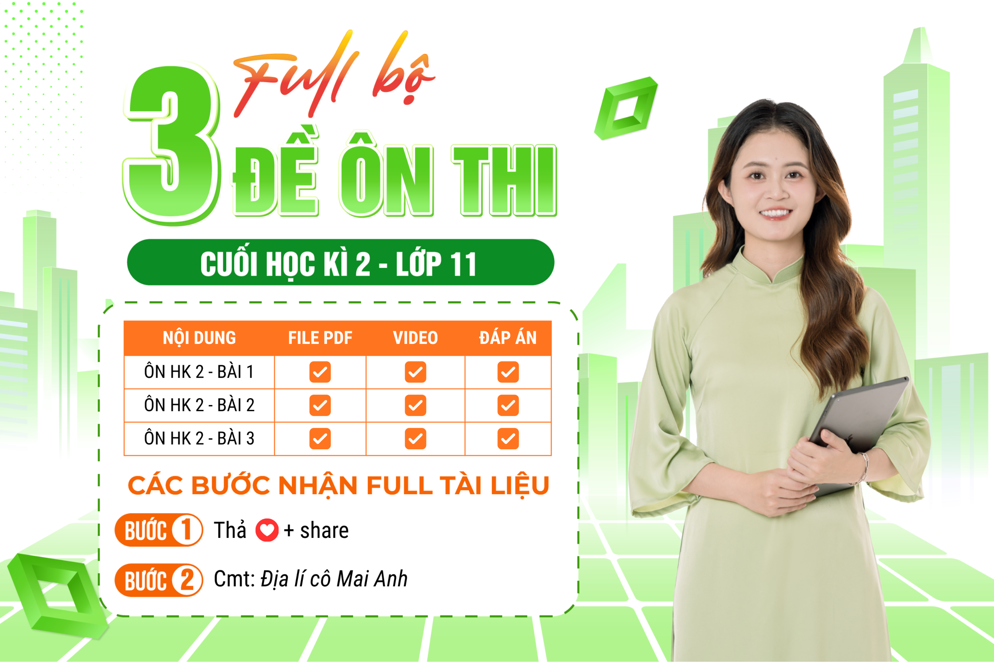 FULL Bộ 3 đề ôn thi cuối HỌC KÌ 2 - Lớp 11 | Lớp học Địa lý cô Mai Anh