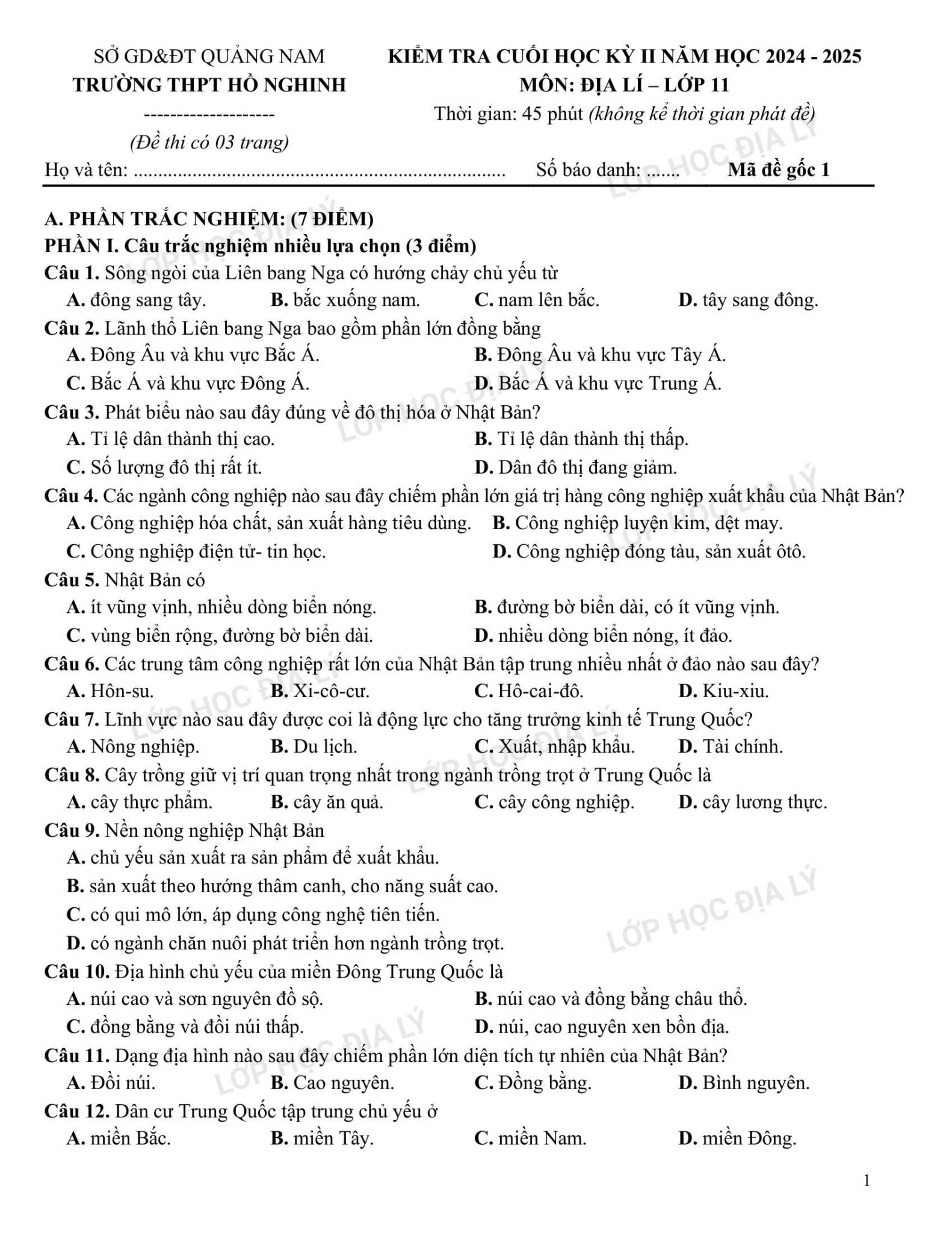Địa lí 11 - Đề ôn tập kiểm tra cuối học kỳ 2 (Buổi 3) | Lớp học Địa lý cô Mai Anh