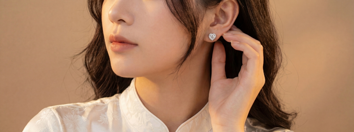 Khuyên nữ bạc Việt Nam xi vàng trắng đính kim cương MOISSANITE
