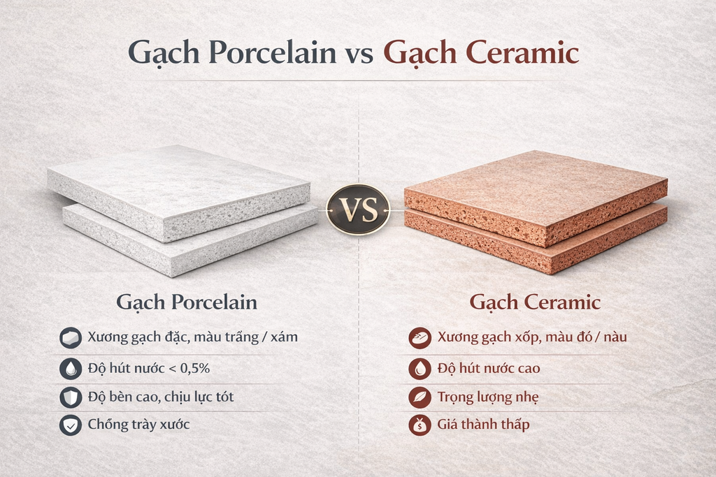 Gạch Porcelain và Ceramic khác gì nhau? So sánh & cách chọn gạch đúng cho từng không gian