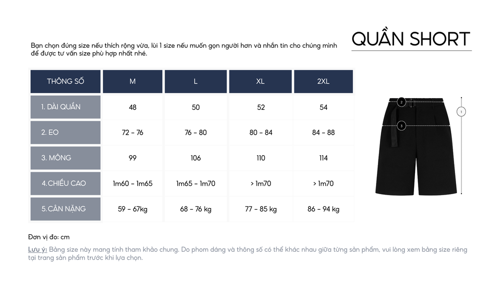 Bảng size quần short nam AUNAMTIC hướng dẫn chọn size phù hợp