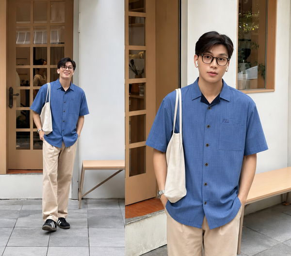 Mẫu nam tối giản AUNAMTIC gồm áo sơ mi, quần suông và túi tote