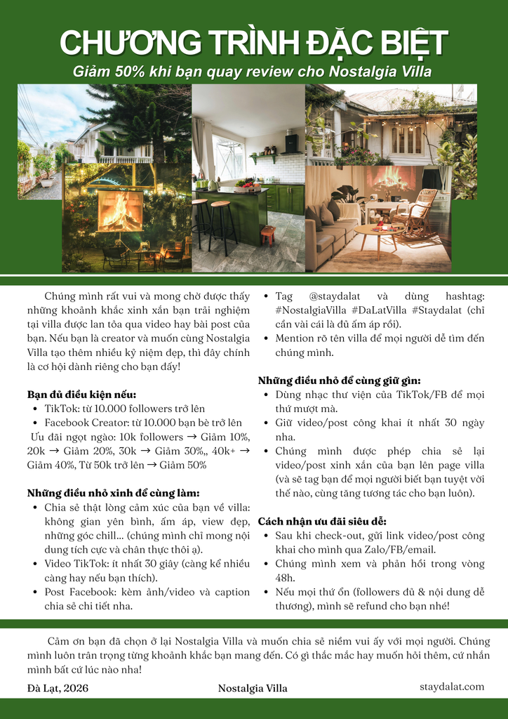 Chương trình đặc biệt: Giảm 50% khi bạn quay review cho Nostalgia Villa