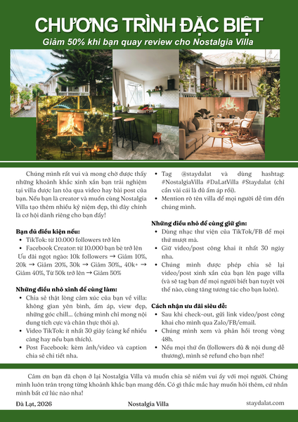Chương trình đặc biệt: Giảm 50% khi bạn quay review cho Nostalgia Villa