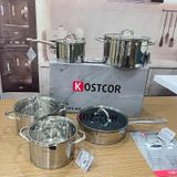 Bộ nồi Kosco 5 món KOSTCOR đáy nồi phẳng – Giải pháp nấu ăn chuẩn cho bếp từ, bền đẹp theo năm tháng, bộ nồi chuyên dụng cho bếp từ bền, nấu nhanh và an toàn. 5 nồi 1 chảo